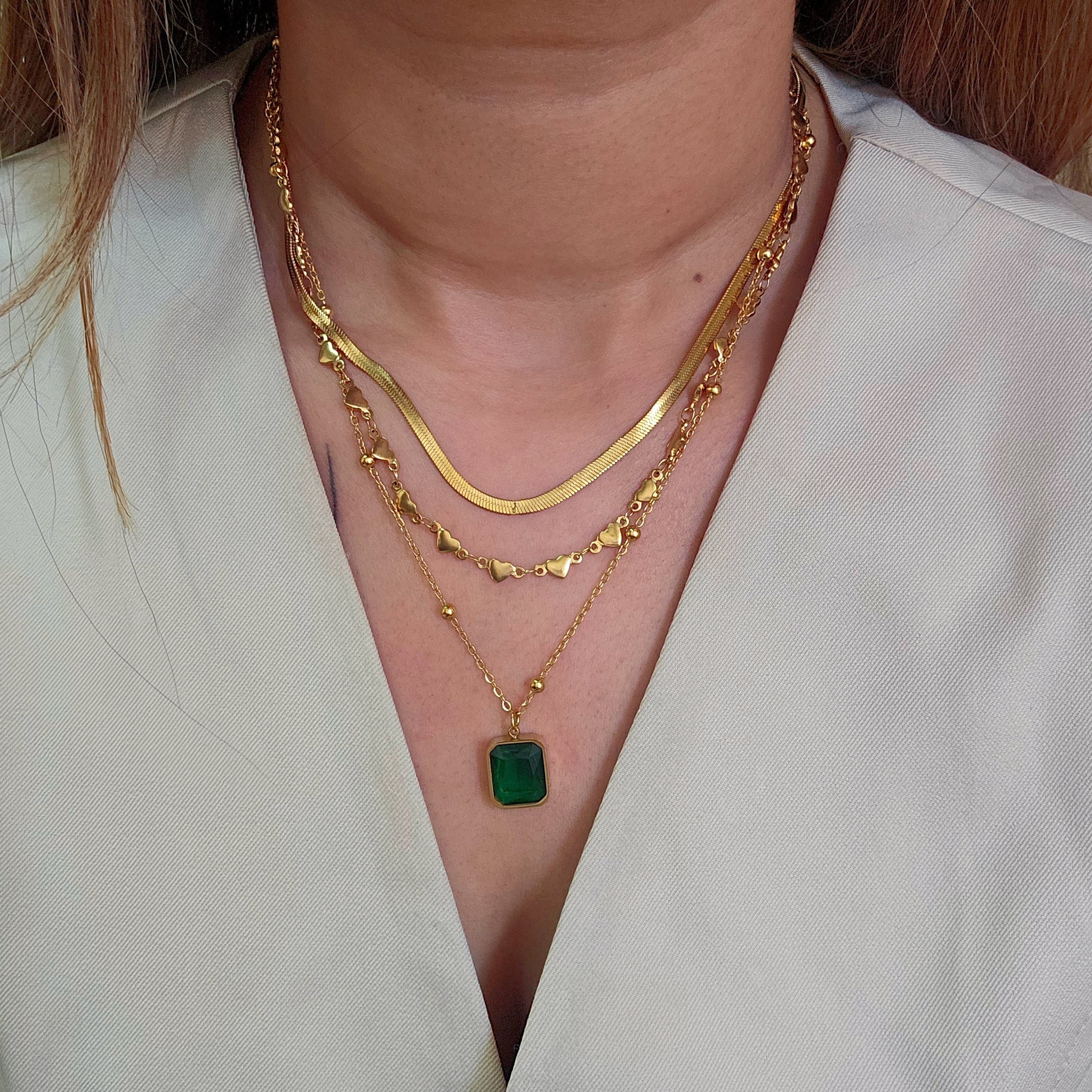 Trio Emerald Stud Necklace styled - Lazuli
